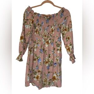 Xhilaration Pink Floral Smocked Long Sleeve Dress
